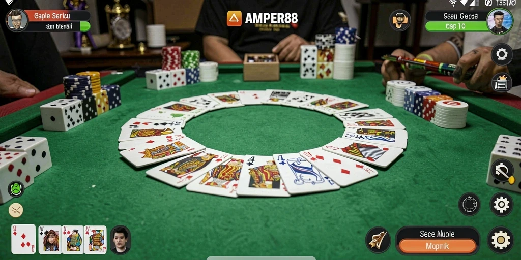 Screenshot gameplay seru dari AMPER88 yang menampilkan pertandingan Gaple.