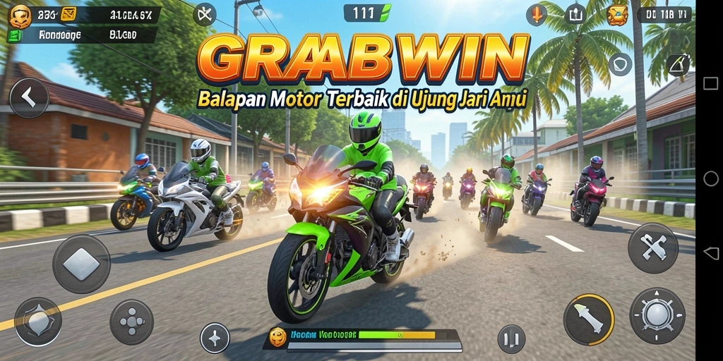 Gameplay mendebarkan GRABWIN dengan motor balap cepat.