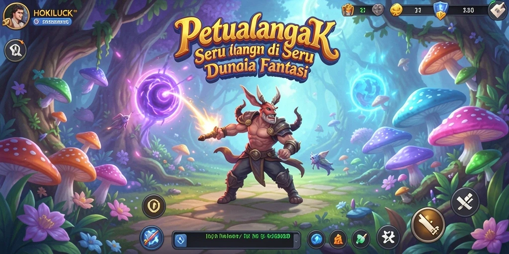 Screenshot HOKILUCK menampilkan aksi tarung karakter melawan monster di dunia fantastis.
