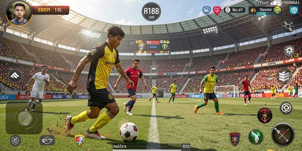 Screenshot gameplay RI188 yang menampilkan aksi seru di lapangan sepak bola.