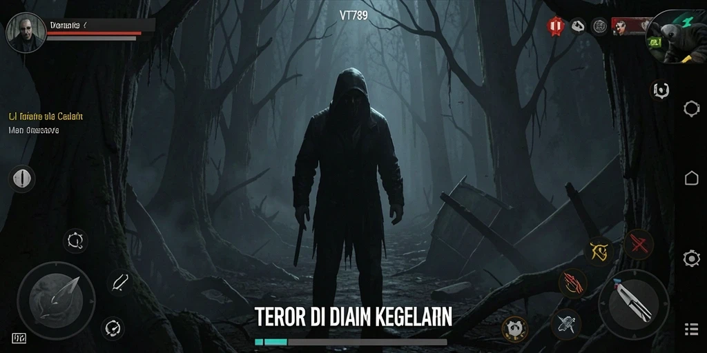 Gameplay VR menegangkan dalam suasana gelap dan misterius.